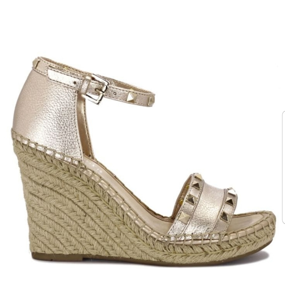Marc Fisher rose gold studded wedge espadrilles